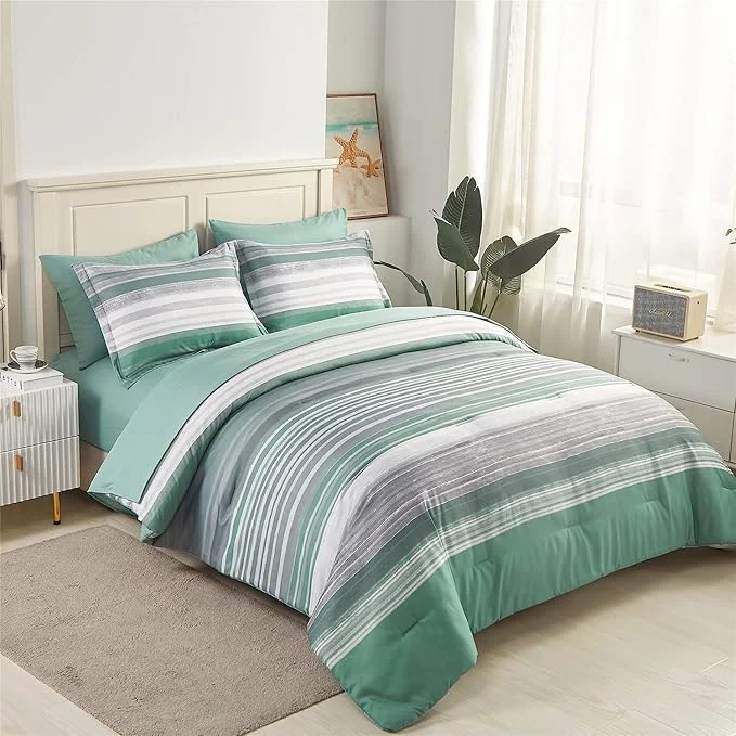 Certified KAKIJUMN 5 Piece Bed in a Bag Stripe Comforter Set Twin Size White Grey Sage Green Patchwork Striped Comforter and Sheet Set All Season Soft Microfiber Complete Bedding Set Green Twin Next-Generation