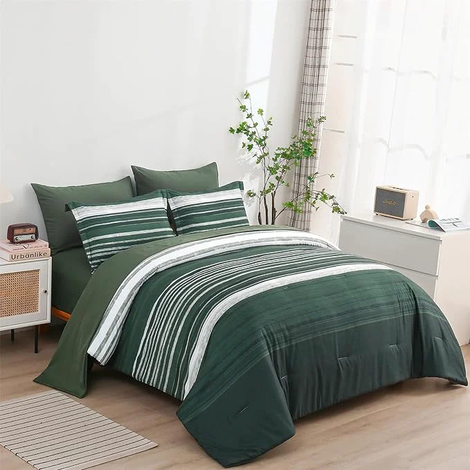 First-Class KAKIJUMN 7 Piece Bed in a Bag Stripe Comforter Set King Size White Grey Green Patchwork Striped Comforter and Sheet Set All Season Soft Microfiber Complete Bedding Sets Dark Green King Selected