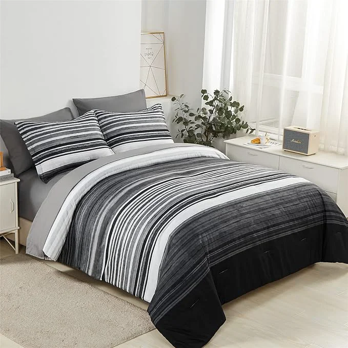 Elite KAKIJUMN 7 Piece Bed in a Bag Stripe Comforter Set Queen Size White Grey Black Patchwork Striped Comforter and Sheet Set All Season Soft Microfiber Complete Bedding Sets Grey Queen Classic