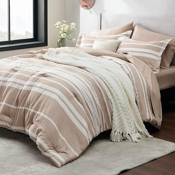 Advanced Bedsure Queen Comforter Set 7 Pieces Light Camel Striped Bedding Set for All Seasons Reversible Cationic Dyeing Bed in a Bag with Comforter Sheets Pillowcases amp Shams Consistent