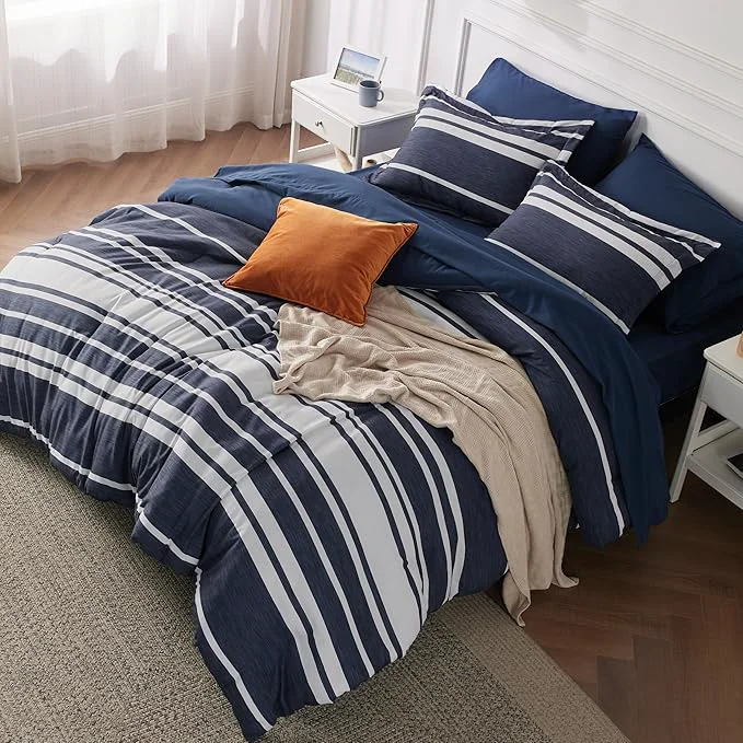 Minimalist Bedsure King Comforter Set 7 Pieces Blue Striped Bedding Set for All Seasons Reversible Cationic Dyeing Bed in a Bag with Comforter Sheets Pillowcases amp Shams Clean