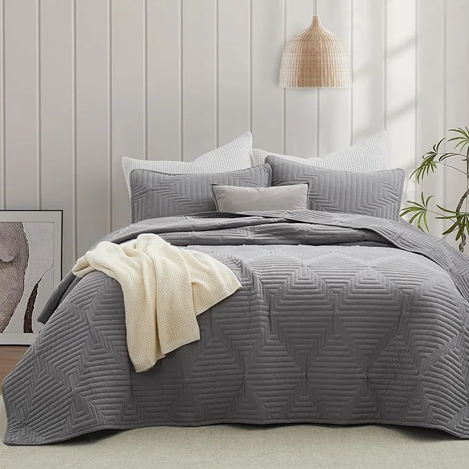 Flexible Oli Anderson Twin Quilt Set Grey Lightweight Soft Bedspread Coverlet Basket Weave Pattern Bedding 2PCS Modern Geometric Stitching Textured Comforter Sets 1 Quilt and 1 Pillow Sham