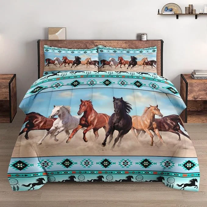 Recyclable Full Size Comforter Set with 2 Pillowcases Horses Desert Animal 3 Pcs Bedding for Kids and Adults Tribal Farm Sunset Run Soft Comforter Set for Bedroom Bed Decor Organic