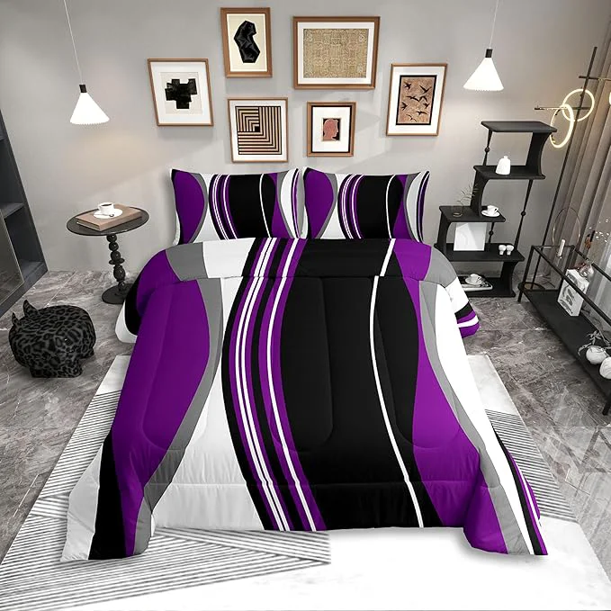Green Erosebridal Purple Black Abstract King Bedding Set Grey Modern Striped Comforter Set for Adult Women Men Geometric Stripes Lines Bed Collections Contemporary Art Boho Duvet Quilt Sets for Minimalist