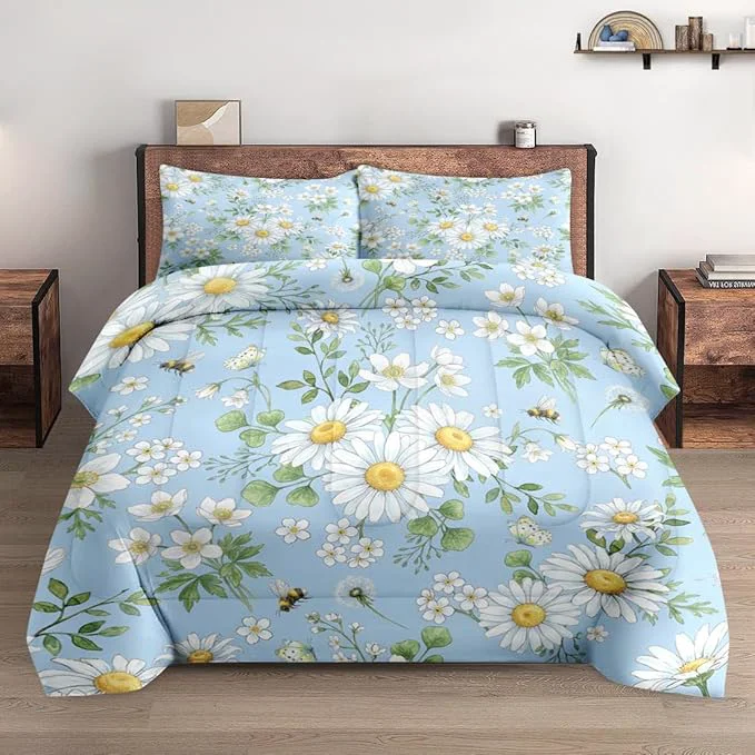 High-Quality Queen Size Comforter Set with 2 Pillowcases Wildflower Daisy Flower Floral Soft 3 Pcs Bedding for Kids and Adults Bedroom Bed Decor Trendy