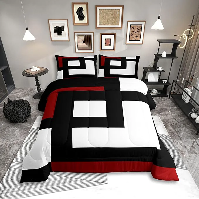 Elite Erosebridal Red Black and White Striped Bedding Set Full Size Square Abstract Comforter Set for Adult Women Men Modern Geometric Stripes Bold Lines Bed Sets Minimalist Plaids Quilt Sets Smooth