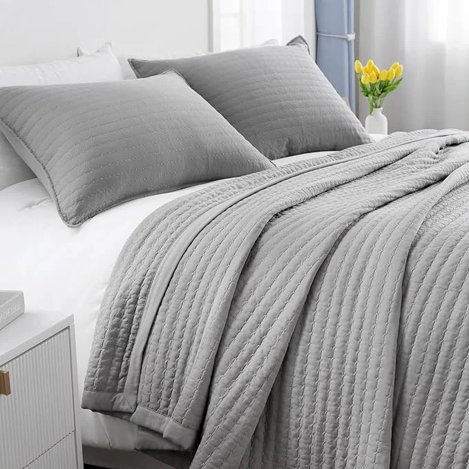 Organic Twin Quilt Set – 68 quot x86 quot Soft Washed 3-Layer Lightweight Bedspread with Multi-Lock Quilting Minimalist Nordic Bedding All-Season Quilt for Spring Summer amp Fall 1 Quilt 2 Pillow Shams Grey Superior
