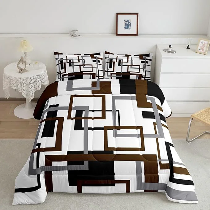Original Design Erosebridal Geometric Comforter Set for Adult Vintage Black and Grey Brown Bedding Set Queen Modern Farmhouse Quilt Set Home Room Decor Grid Pattern Duvet Insert with 2 Pillow Shams All Season Exclusive
