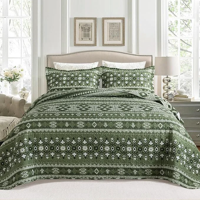 Soft BEDIFANY Quilts Queen Size Reversible Lightweight Bedspread with Boho Geometry Printed Bed Spread Coverlet Sets for Bed Decoration All-Season Queen Quilt Bedding Set 90 98 in 3 Pieces – Green High-Performance