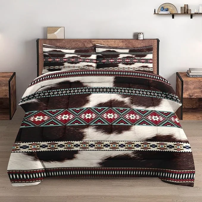 Casual Twin Size Comforter Set with Pillowcase Cowhide Cow Print 2 Pcs Bedding for Kids and Adults Vintage Animal Fur Soft Comforter Set for Bedroom Bed Decor Convenient