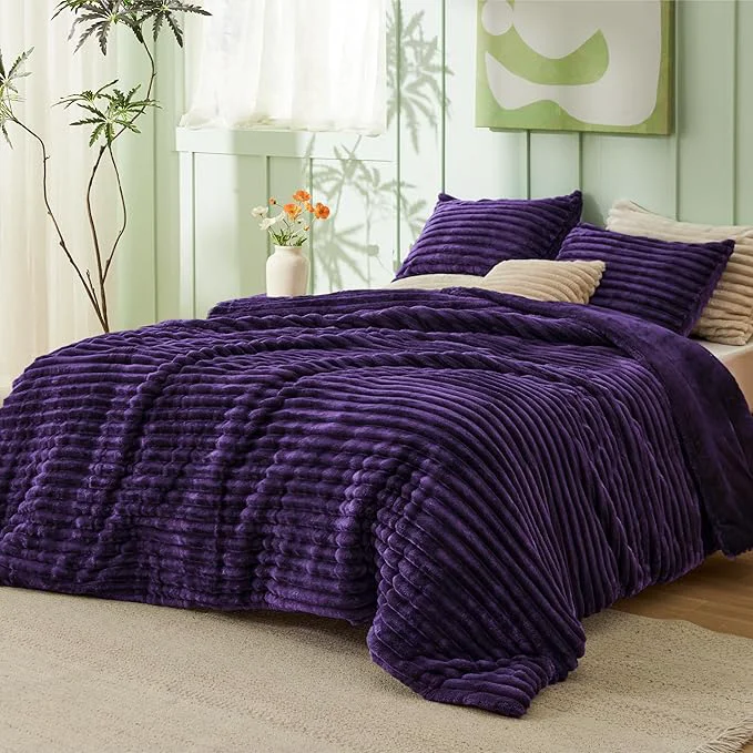 Bedsure Full Size Comforter Sets – GentleSoft™ 3 Pieces Double-Side Fleece Fluffy Purple Comforter Set Cozy Striped Room Decor Aesthetic Luxury Full Size Bedding 2 Pillowcases 82×86 Inches Professional