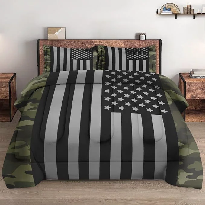 Modern King Size Comforter Set with 2 Pillowcases Black Military Camouflage American Flag Soft 3 Pcs Bedding for Kids and Adults Bedroom Bed Decor Eco-Friendly