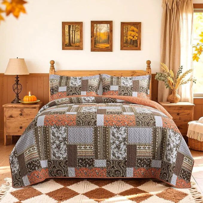 Verified BEDIFANY Cotton California King Size Quilt for Farmhouse- Fall Patchwork Bedspread Set – Highly-Woven Soft Reversible Oversized King Size Coverlet for All Seasons Floral Orange 3 Pieces Durable