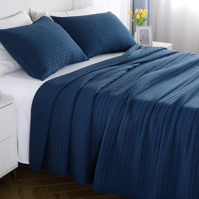 Authentic Queen Quilt Set – 90 quot x90 quot Soft Washed 3-Layer Lightweight Bedspread with Multi-Lock Quilting Minimalist Nordic Bedding All-Season Quilt for Spring Summer amp Fall 1 Quilt 2 Pillow Shams Dark Blue Superior