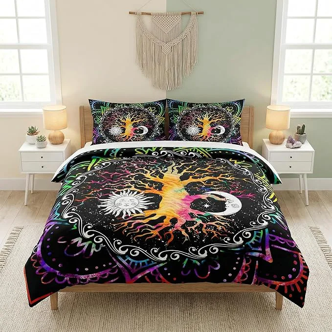 Contemporary King Size Comforter Set with 2 Pillowcases Astrology Zodiac Tree of Life 3 Pcs Bedding for Kids and Adults Colorful Sun and Moon Tarot Soft Comforter Set for Bedroom Bed Decor Top-Quality