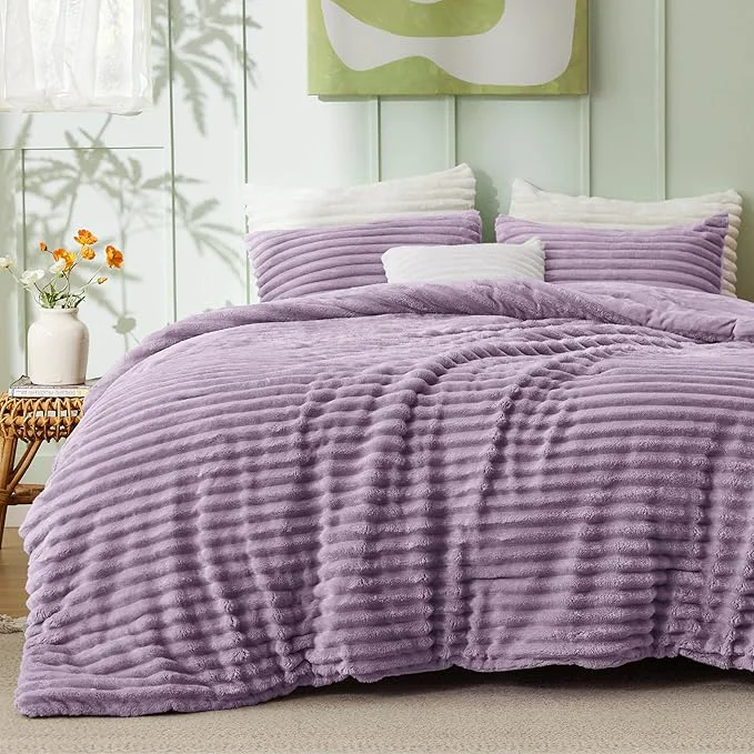 Artisan Bedsure King Comforter – GentleSoft™ 3 Pieces Double-Side Fleece Fluffy Lavender Comforter Set Cozy Striped Room Decor Aesthetic Luxury King Size Bedding with 2 Pillowcases 104×90 Inches Fast