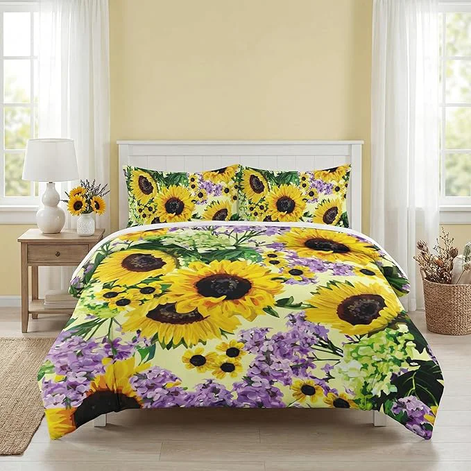 Recyclable Twin Size Comforter Set with Pillowcase Retro Sunflower 2 Pcs Bedding for Kids and Adults Vintage Floral Yellow Flower Soft Comforter Set for Bedroom Bed Decor Healthy
