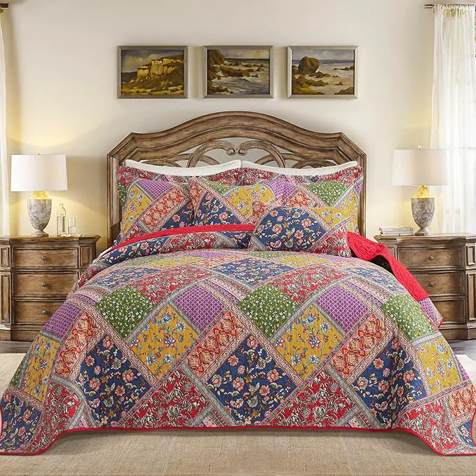 Traditional BEDIFANY Cotton Queen Quilt Set – Vintage Farmhouse Bedspread with Vibrant Floral Pattern 3-Piece Lightweight Coverlet 90×98 Inch 2 Pillow Shams All Seasons Multicolor Quilt Bedding Set Original Design