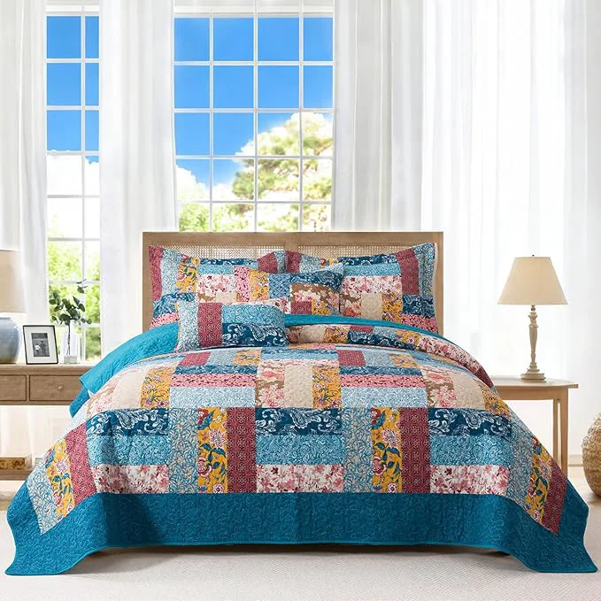 Versatile BEDIFANY Cotton California King Quilt Set – Farmhouse Bedspread with Vibrant Floral Pattern 3-Piece Lightweight Oversized King Size Coverlet 108×118 Inch All Seasons Multicolor Quilt Bedding Set Premium