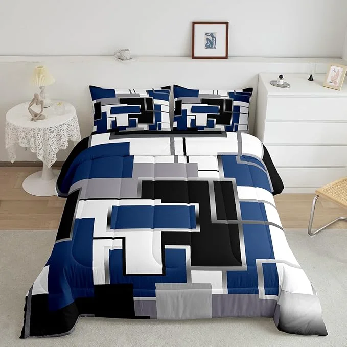 Breathable Erosebridal Blue Grey White Comforter Set for Kids Boys Girls Geometric Bedding Set Twin Size Watercolor Square Quilt Set Modern Style Pattern Duvet Insert with 1 Pillowcase Home Room Decor Responsible