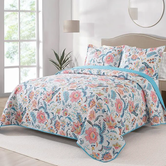 Genuine BEDIFANY Garden Cotton Filling King Size Quilt Set – Lightweight Bedspreads King Size 98 x 106 inch with Colorful Floral Pattern – Farmhouse King Quilt Bedding Sets for Bed Coverlet 3 Pieces Fine Crafted