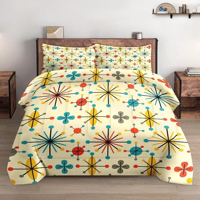 Detailed Queen Size Comforter Set with 2 Pillowcases Mid Century Retro 50S Atomic Soft 3 Pcs Bedding for Kids and Adults Bedroom Bed Decor Elegant