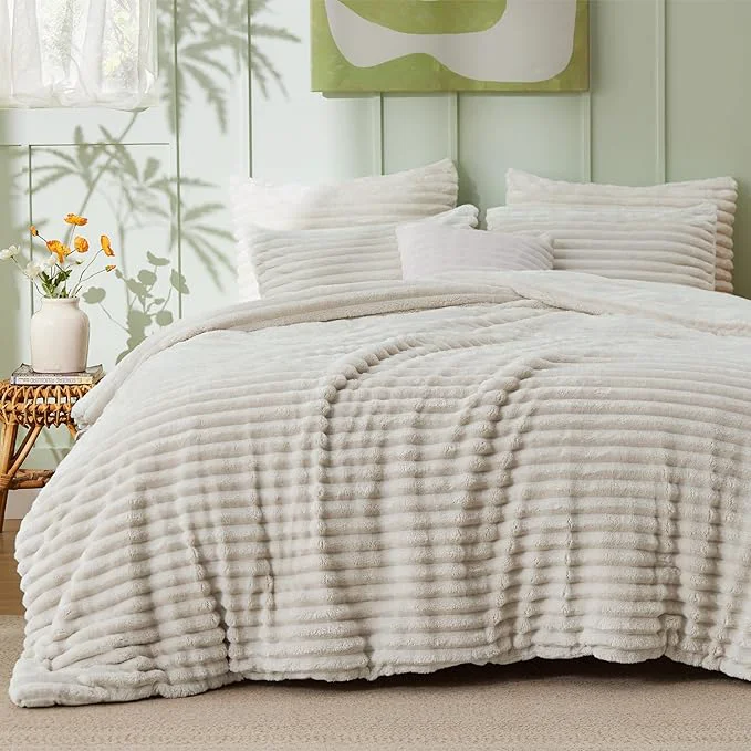 High-Quality Bedsure Comforter Set Queen Size – GentleSoft™ 3 Pieces Double-Side Fleece Fluffy Linen Comforter Set Cozy Striped Room Decor Aesthetic Luxury Bedding Queen Size 2 Pillowcases 90×90 Inches Professional