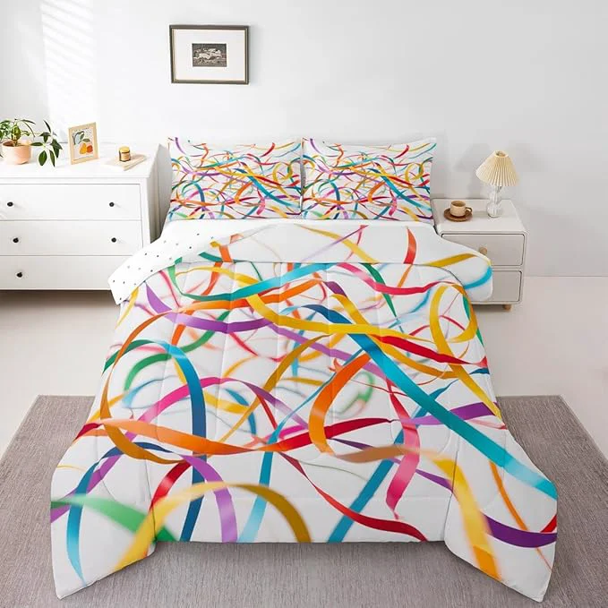 Stylish Erosebridal Bedding Set King Size Rainbow Stripe Comforter Set for Kids Girls Boys Aesthetic White Teal Blue Comforter Warm Soft Quilt Insert Relaxed