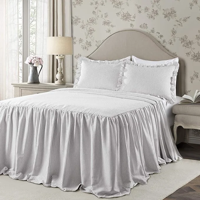 Certified Lush Decor Ticking Stripe Bedspread Gray Vintage Chic Farmhouse Style Lightweight 3 Piece Set Full Dependable