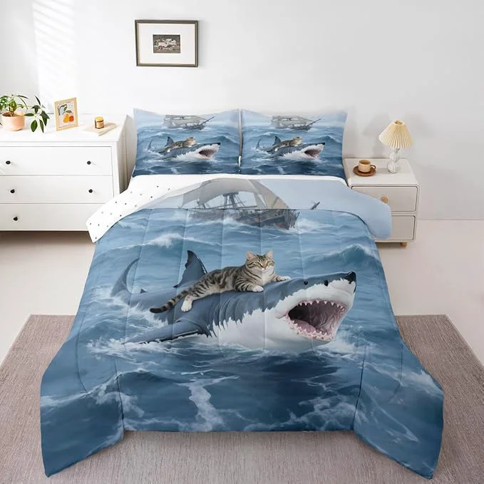 Enhanced Erosebridal Kitten Comforter Set Toddler Size Shark Bedding Set for Kids Girls Boys Safari Sea Waves Nautical Ocean Ship Blue White Comforter Warm Soft Quilt Insert Innovative