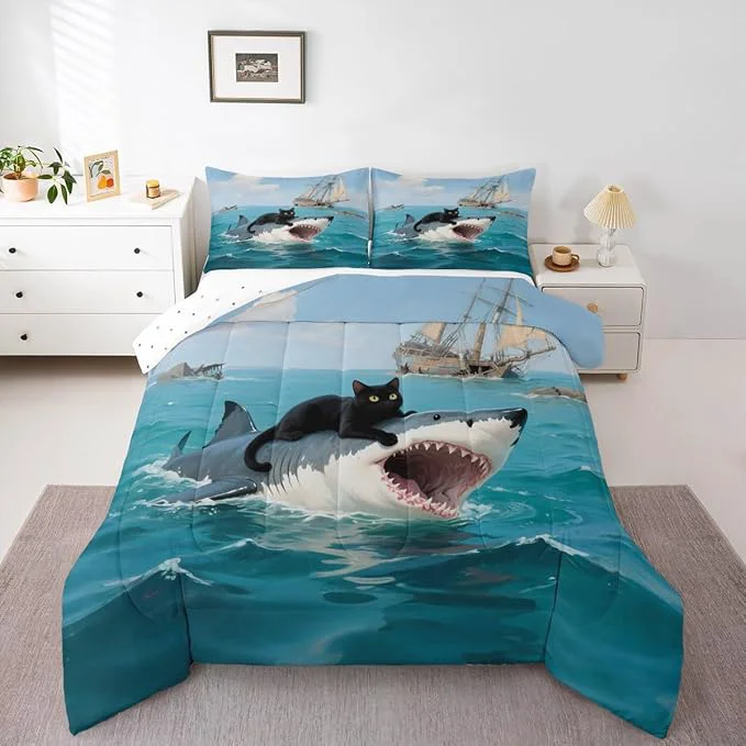 High-Quality Erosebridal Black Cat Quilt Insert Queen Size Shark Bedding Set for Kids Girls Boys Safari Kitten Sea Waves Marine Nautical Blue Comforter Warm Soft Comforter Set Smooth