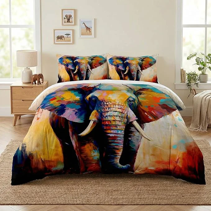 Optimized Twin Size Comforter Set with Pillowcase Colorful Wild Animal Elephant Soft 2 Pcs Bedding for Kids and Adults Bedroom Bed Decor Casual