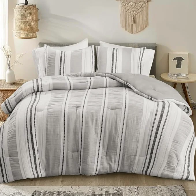 Minimalist Hyde Lane Neutral Farmhouse Bedding Set 3 Pieces Full Queen Size Grey Comforter Sets Cotton Top with Modern Rustic Style Stripes Including 1 Comforter 2 Pillowcases