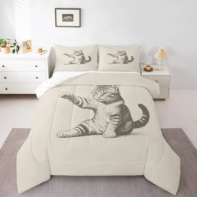Secure Erosebridal Cat Comforter Set King Size Sketch Animal Bedding Set for Kids Boys Girls Kawaii Kitten 3D Cute Beige Black Comforter Warm Soft Quilt Insert Functional