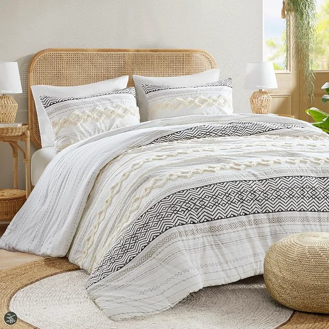 Premium Hyde Lane Farmhouse Bedding Comforter Sets King Ivory Boho Bed Set Cotton Top with Modern Neutral Style Clipped Jacquard Stripes 3-Pieces Including Matching Pillow Shams 104×90 Inches Flexible