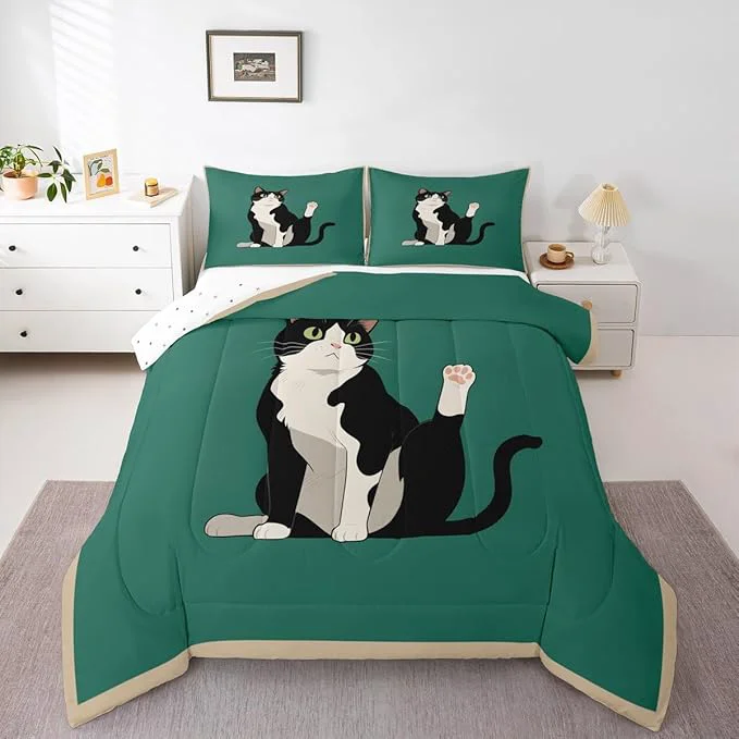 Fashionable Erosebridal Kitten Quilt Insert Twin Size Cartoon Cat Bedding Set for Kids Boys Girls Retro Kawaii Cute Green Black Comforter Warm Soft Comforter Set Classic