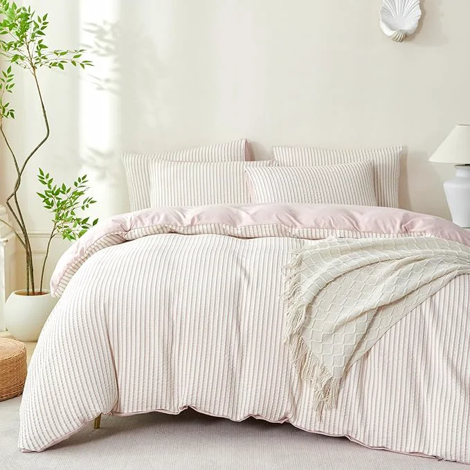 Fine Crafted Dusty Pink Comforter Set Queen Size Soft Luxury Washed Microfiber Jacquard 3 Pieces Bedding Set White Dusty Pink Vertical Ticking Stripes Comforter with 2 Pillowcases Breathable Durable Comfy Innovative