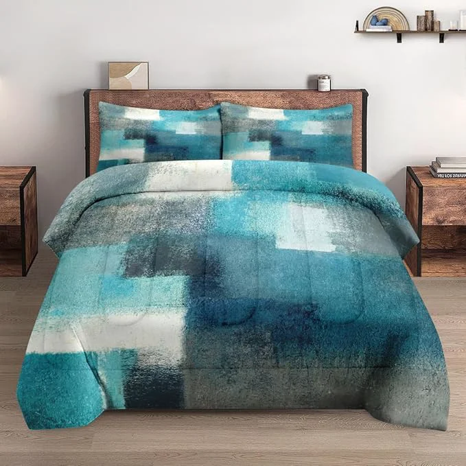 Modern Twin Size Comforter Set with Pillowcase Painting Contemporary Teal Turquoise Grey Soft 2 Pcs Bedding for Kids and Adults Bedroom Bed Decor Verified