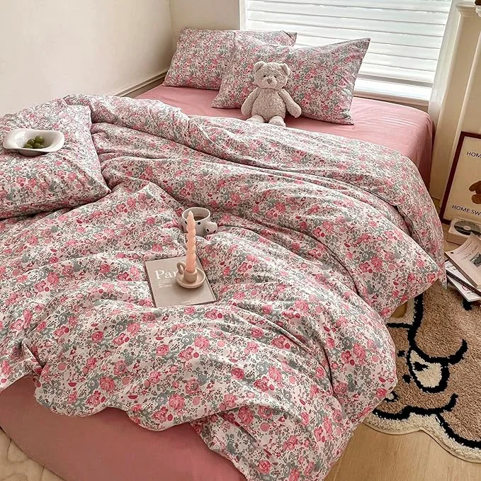 Quality HighBuy King Size Comforter Set 3 Piece French Country Style Pink Floral Rabbit Printing Comfy Comforters King Soft Bedding Sets for Women Men Boho Comforter Set King with 2 Pillowcases Washable Refined