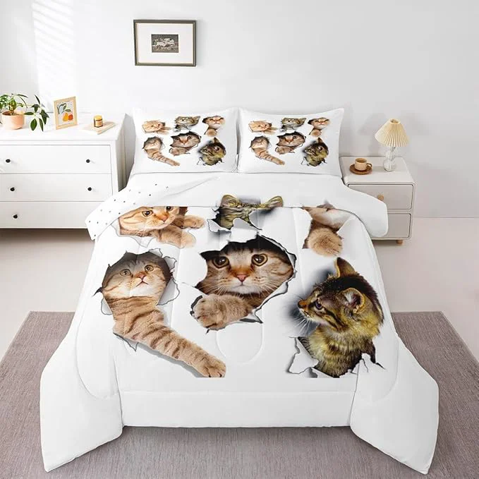 Certified Erosebridal 3D Kitten Bedding Set Full Size Kawaii Cats Comforter Set for Kids Men Women Paw Cute Pet Animal White Orange Comforter Warm Soft Quilt Insert Exceptional