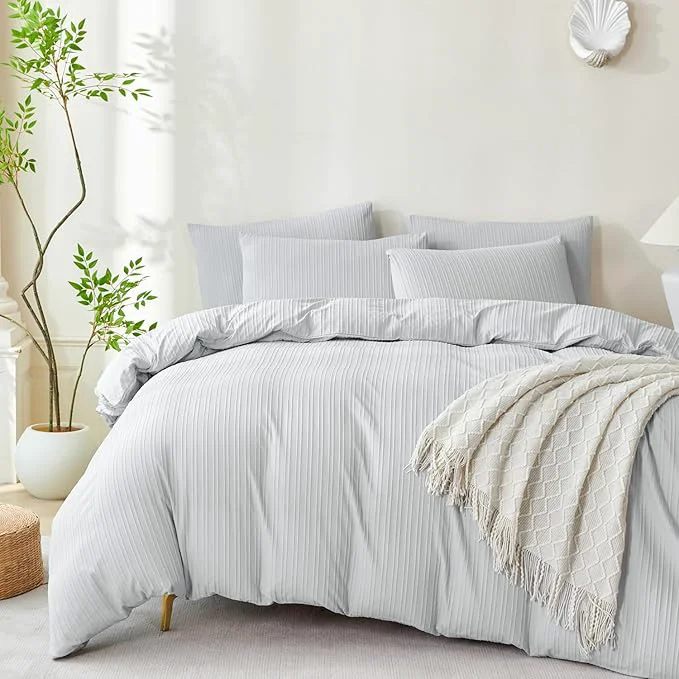 Comforter Set Queen Light Grey Striped Washed Microfiber 3 Pieces Jacquard Bedding Grey Vertical Ticking Stripes Comforter with 2 Pillowcases Luxury Soft Breathable Durable Comfy Carefully Designed