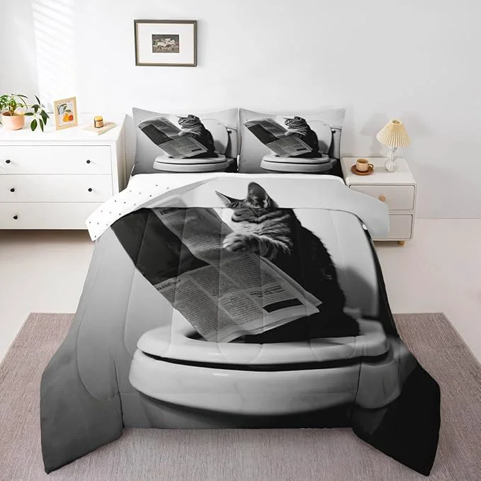 Fine Crafted Erosebridal Cat Quilt Insert King Size Kawaii Kitten Bedding Set for Kids Boys Girls Newspaper Reading Cute 3D Black Grey White Comforter Warm Soft Comforter Set Durable