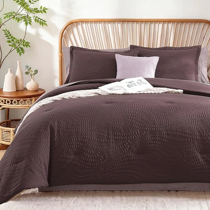 Fine Crafted Geniospin Full Size Comforter Set – 7 Pieces Purple Bedding Set Botanical Textured Comforter Set All Season Comfortable Bed in a Bag with Comforter Sheets Pillowcases amp Shams Detailed