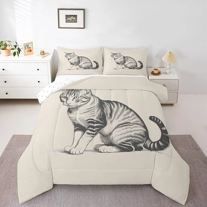 Efficient Erosebridal Kawaii Kitten Quilt Insert Queen Size 3D Cute Bedding Set for Kids Boys Girls Sketch Animal Beige Cat Comforter Warm Soft Comforter Set Solid