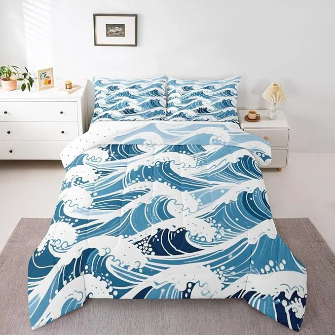Traditional Erosebridal Sea Waves Comforter Set Twin Size Ukiyo-E Bedding Set for Kids Men Women Geometric Japanese Style Navy Blue White Comforter Warm Soft Quilt Insert Stylish