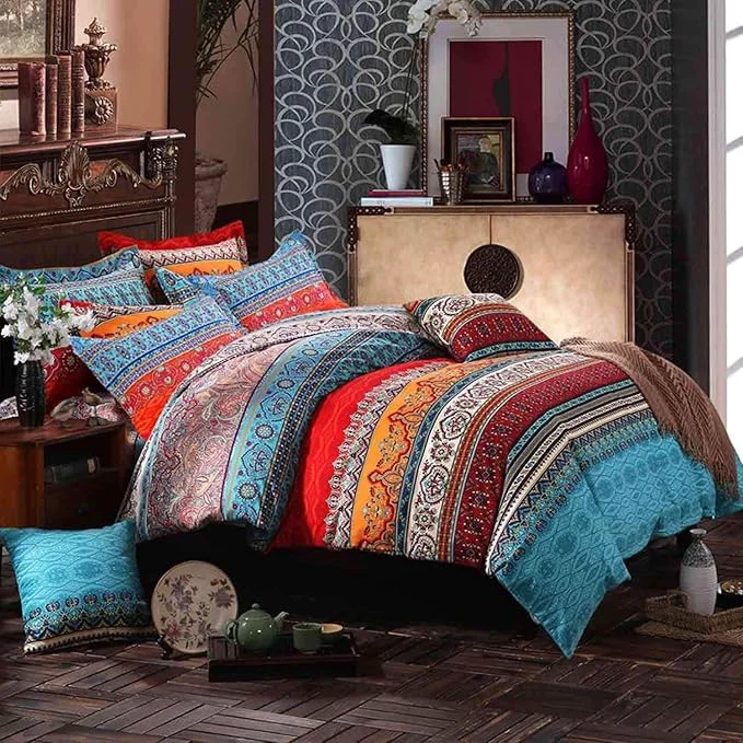 Dependable Bohemian Queen Comforter Set Soft Chic 3 Pieces Bedding Boho Comforter Set Lightweight Exotic Red Teal Mandala Colorful Vintage Comforter Bed Set for All Seasons Trusted