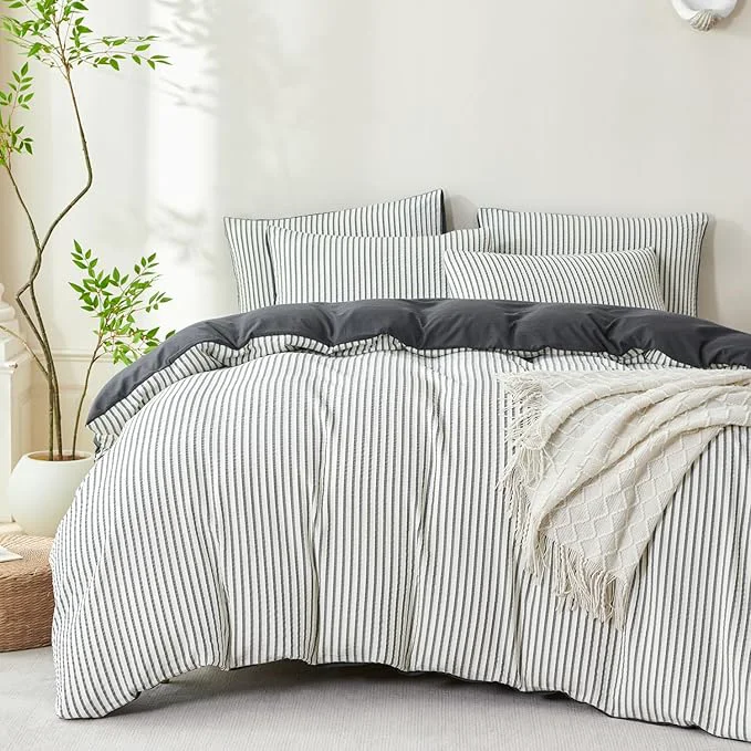 Easy-to-Use Dark Grey Comforter Set Queen Striped Washed Microfiber 3 Pieces Jacquard Bedding White amp Grey Vertical Ticking Stripes Comforter with 2 Pillowcases Luxury Soft Breathable Durable Comfy Environmentally Friendly