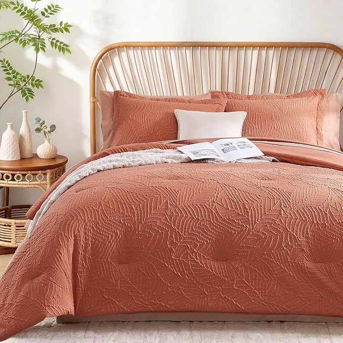 Refined Geniospin Queen Size Comforter Set – 7 Pieces Burnt Orange Bedding Set Botanical Textured Comforter Set All Season Lightweight Bed in a Bag with Comforter Sheets Pillowcases amp Shams Casual