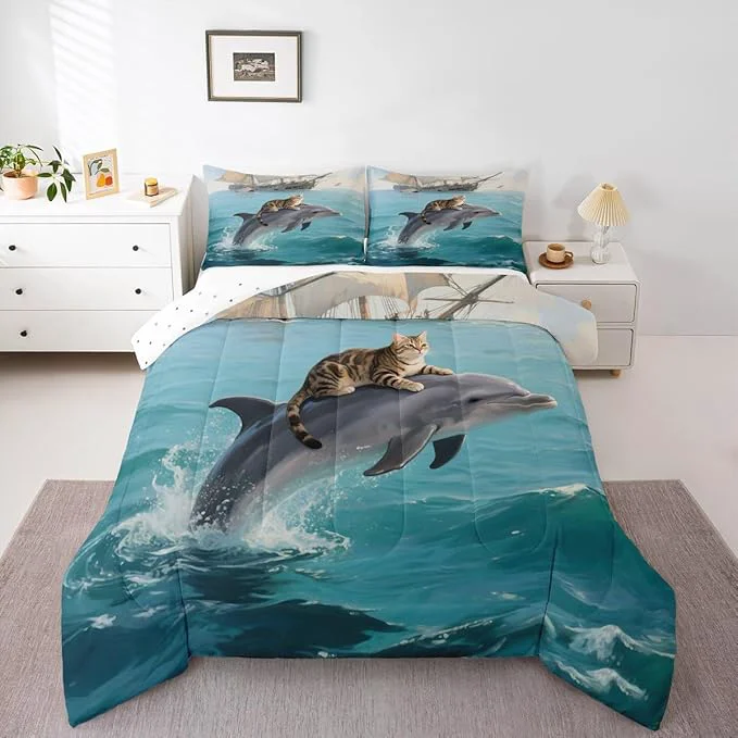 Luxury Erosebridal Kawaii Cat Comforter Set Full Size Dolphin Quilt Insert for Kids Girls Boys Cute Kitten Sea Waves Natural Ocean Blue Yellow Comforter Warm Soft Bedding Set Prestigious