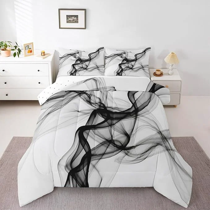 Effective Erosebridal Geometric Quilt Insert Queen Size Ink Line Bedding Set for Minimalists Gradient Stripe Aesthetic White Comforter Warm Soft Comforter Set Detailed